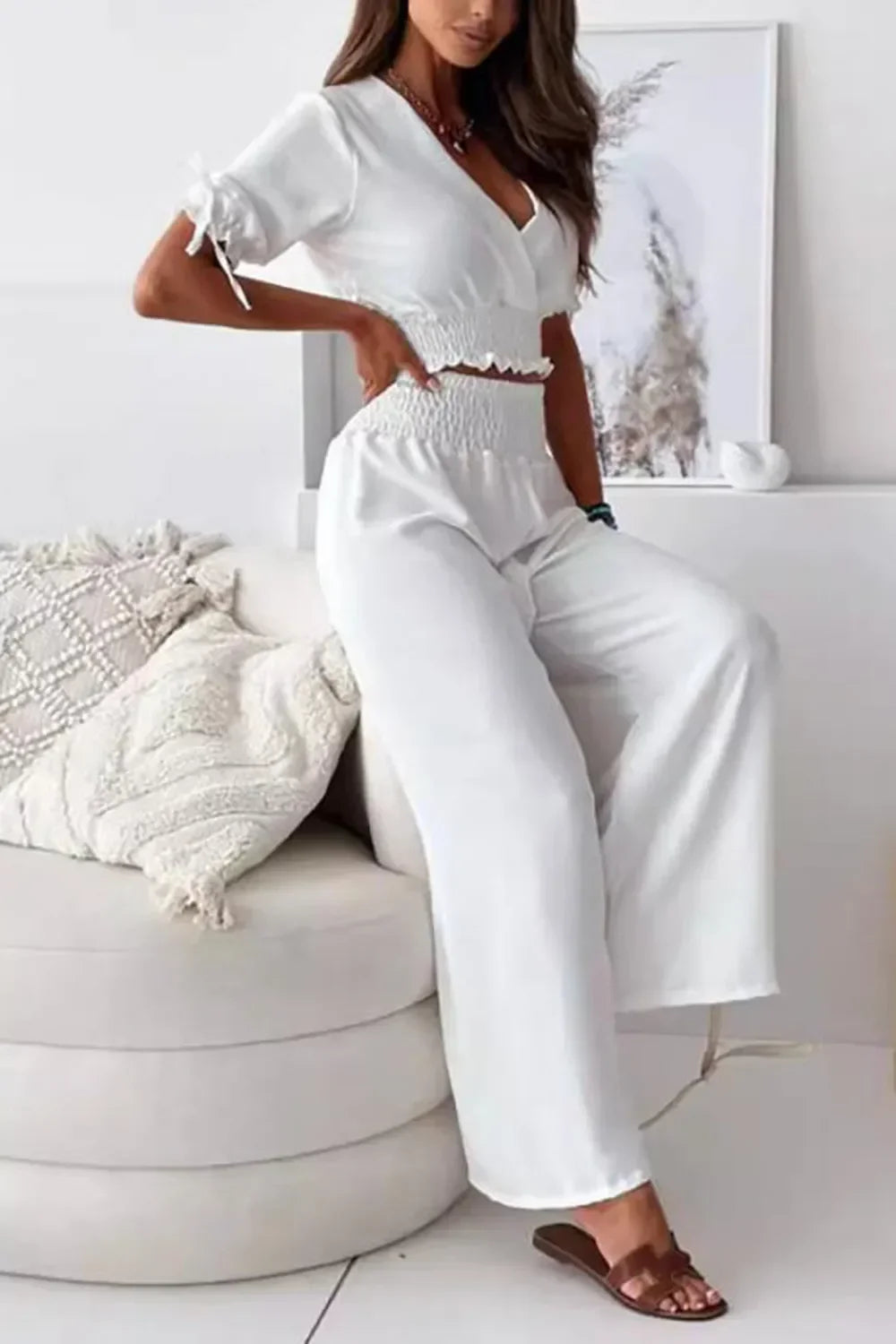 Surplice Short Sleeve Top and Pants Set - Piña Colada
