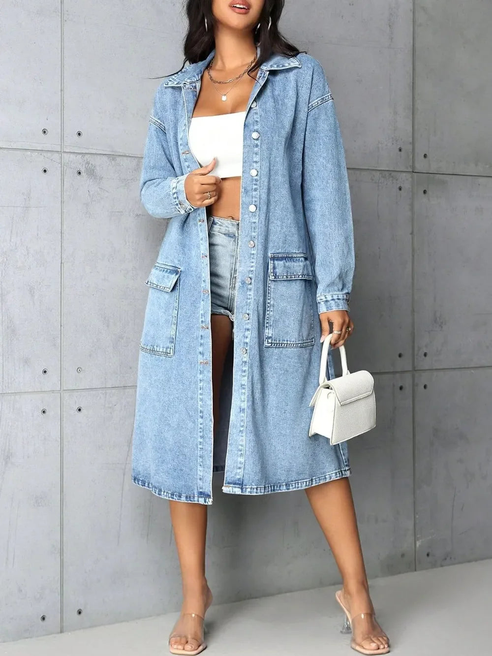 Pocketed Button Up Collared Neck Denim Top - Piña Colada