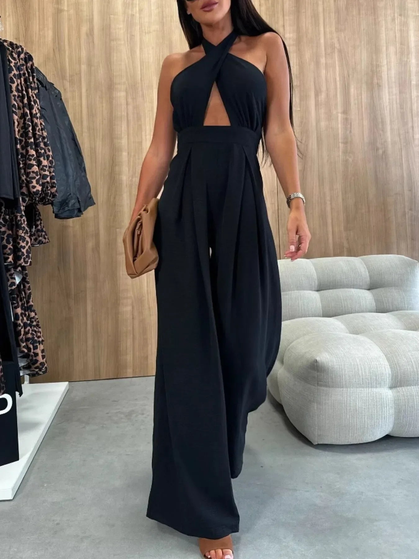 Wide Leg Cutout Halter Neck Jumpsuit - Piña Colada