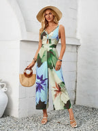 Cutout Printed Wide Strap Jumpsuit - Piña Colada