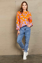 Angel Wings Woven Right Leopard Round Neck Dropped Shoulder Sweater - Piña Colada