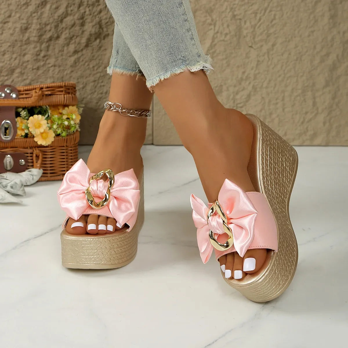 Bow Open Toe Platform Sandals - Piña Colada