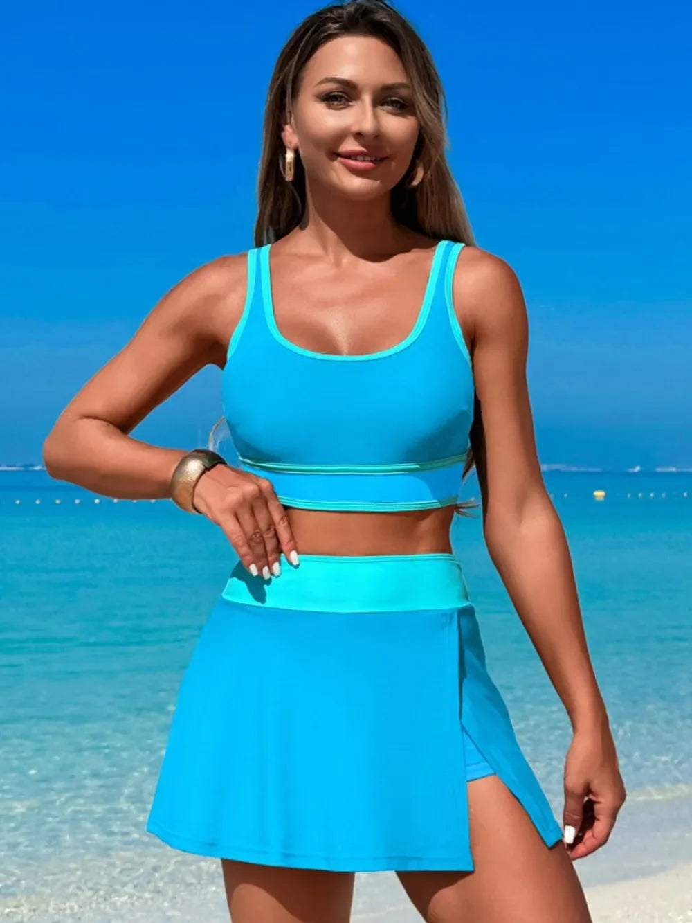 Scoop Neck Top and Skort Swim Set - Piña Colada