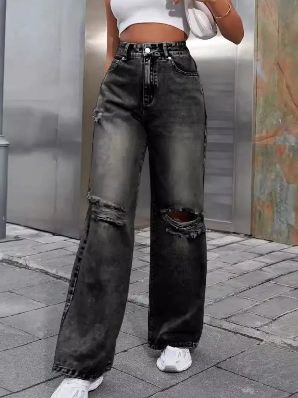 Distressed Wide Leg Jeans with Pockets - Piña Colada