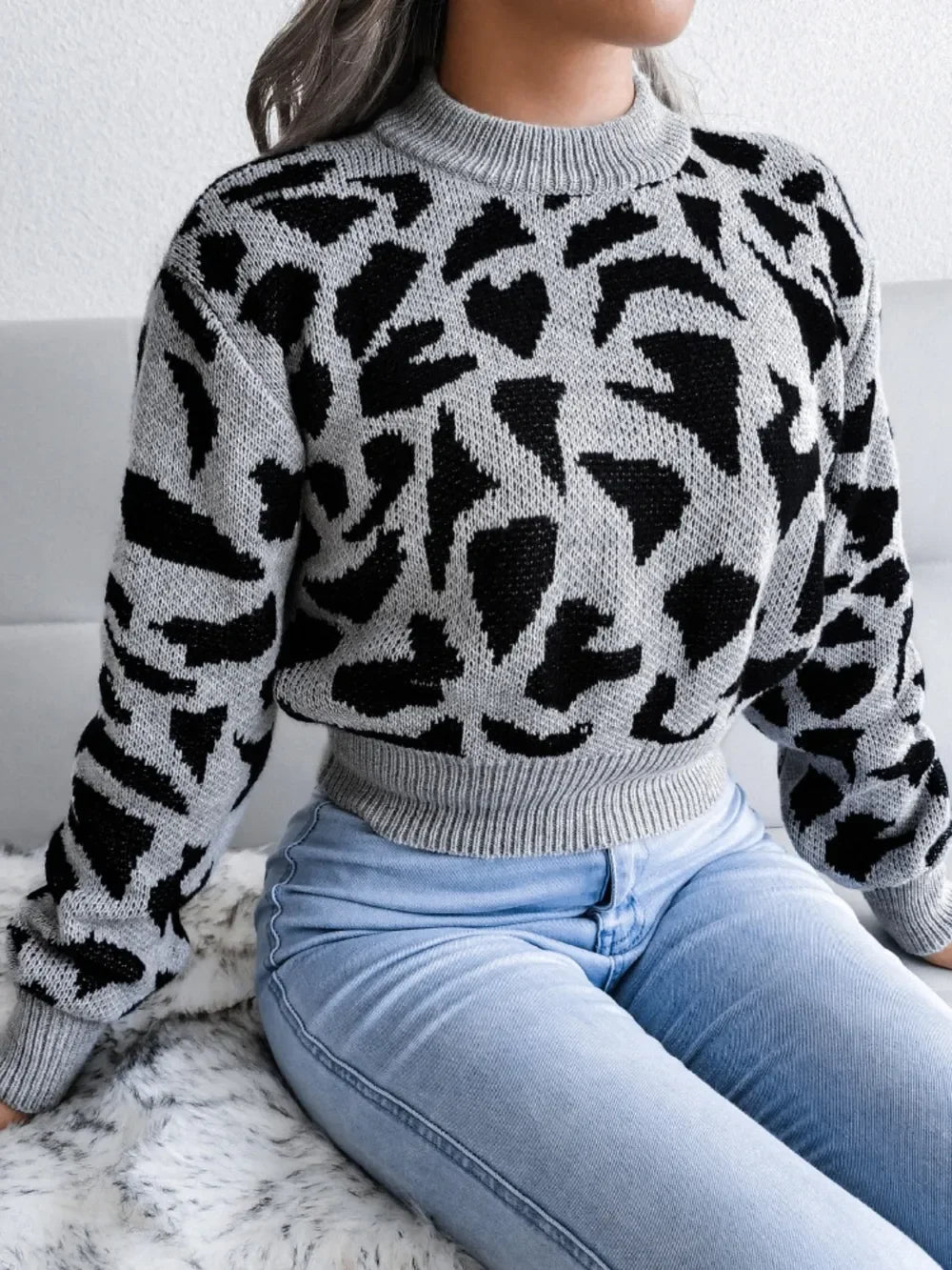 Leopard Round Neck Dropped Shoulder Sweater - Piña Colada
