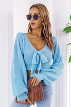 Bow V-Neck Long Sleeve Cropped Sweater - Piña Colada