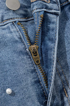 Pearl Beaded Raw Hem Wash Denim Shorts - Piña Colada