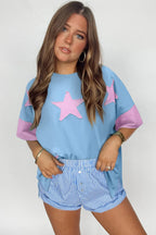 Oversized Star Patch T-Shirt – Raw Hem Split Design for Women - Piña Colada