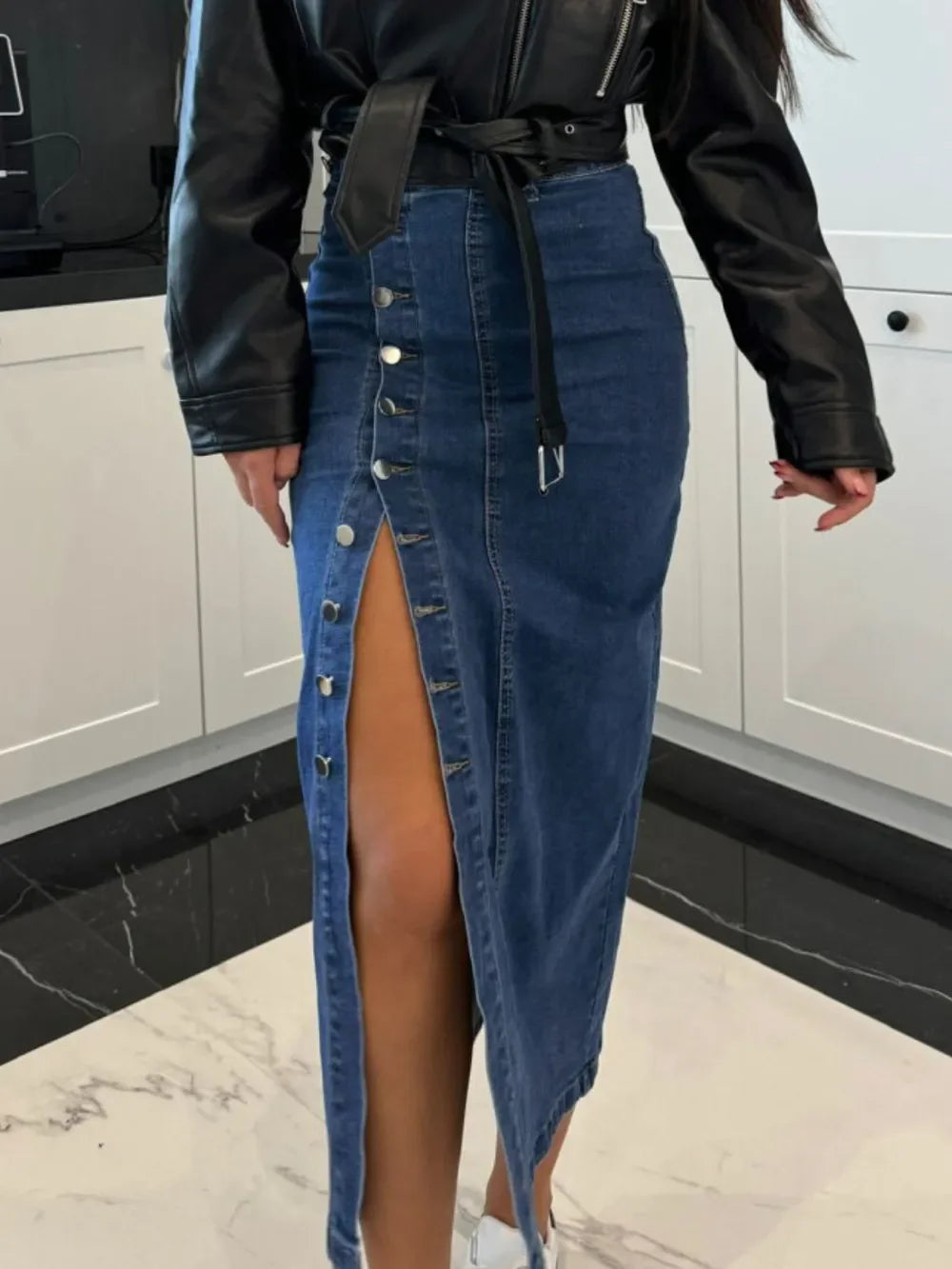 Front Button Slit Midi Denim Skirt - Piña Colada