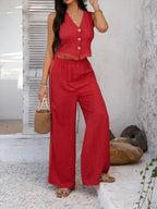 Devine Button Down Lace Detail Vest and Pants Set - Piña Colada