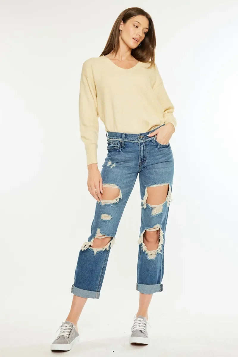 Kancan Distressed Mid Rise True Boyfriend Jeans - Piña Colada