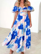 Off-Shoulder Floral Tiered Dress with Ruffle Details - Piña Colada