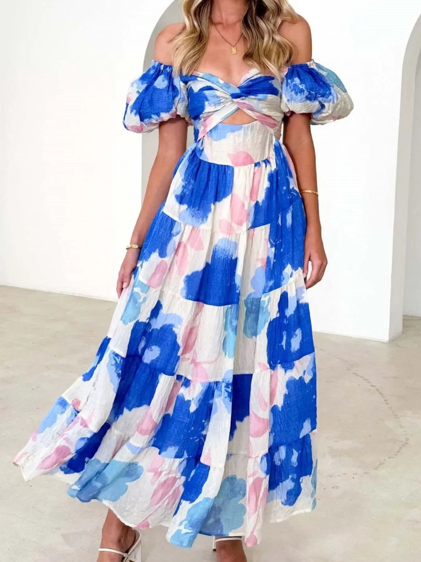 Off-Shoulder Floral Tiered Dress with Ruffle Details - Piña Colada