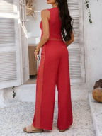 Devine Button Down Lace Detail Vest and Pants Set - Piña Colada