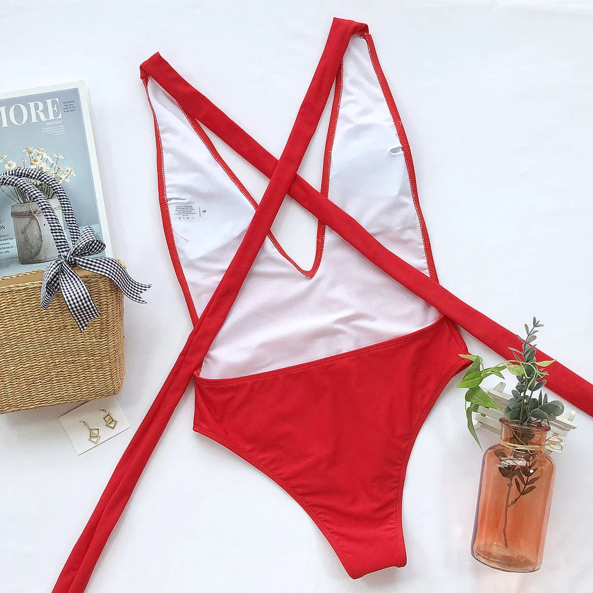 Halter Neck Deep V Tied One-Piece Swimsuit - Piña Colada
