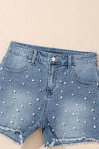 Pearl Beaded Raw Hem Wash Denim Shorts - Piña Colada