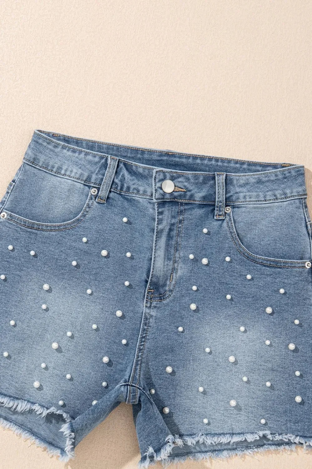 Pearl Beaded Raw Hem Wash Denim Shorts - Piña Colada
