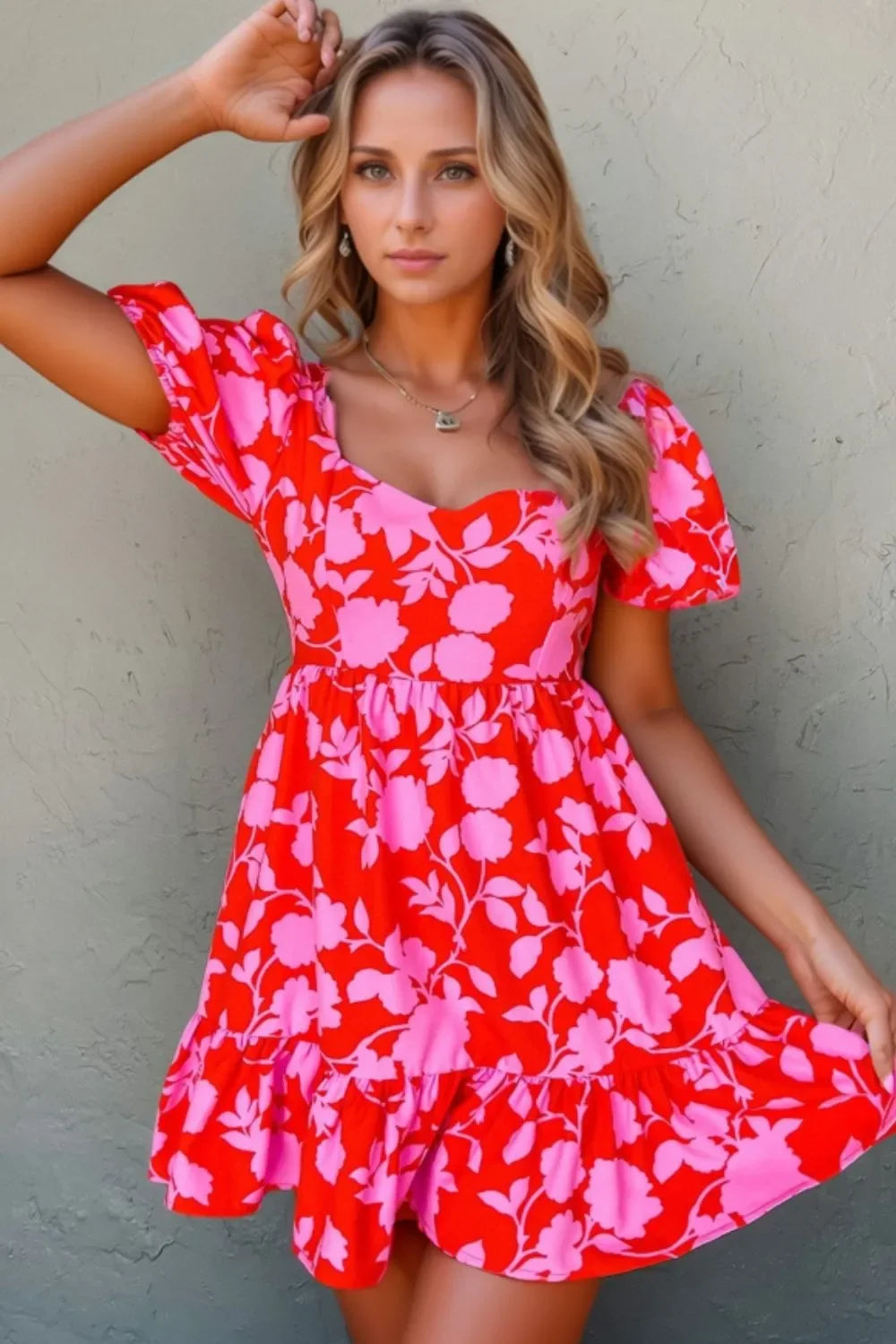 Floral Puff Sleeve Sweetheart Neck Ruffled Mini Dress - Piña Colada