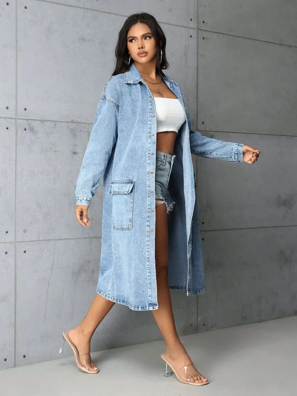 Pocketed Button Up Collared Neck Denim Top - Piña Colada