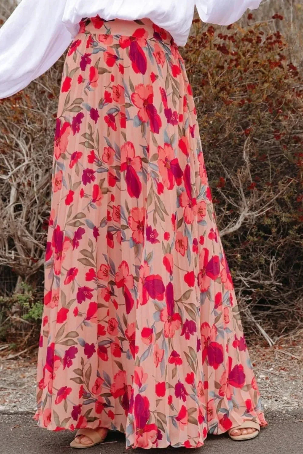 Printed Elastic Waist Pleated Maxi Skirt - Piña Colada