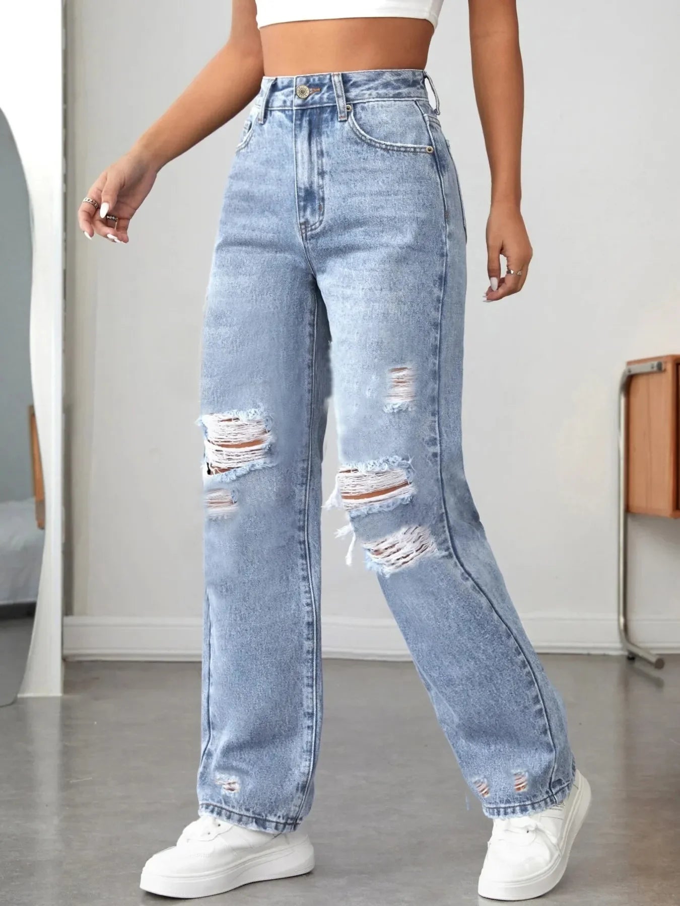Distressed High Waisted Jeans - Piña Colada