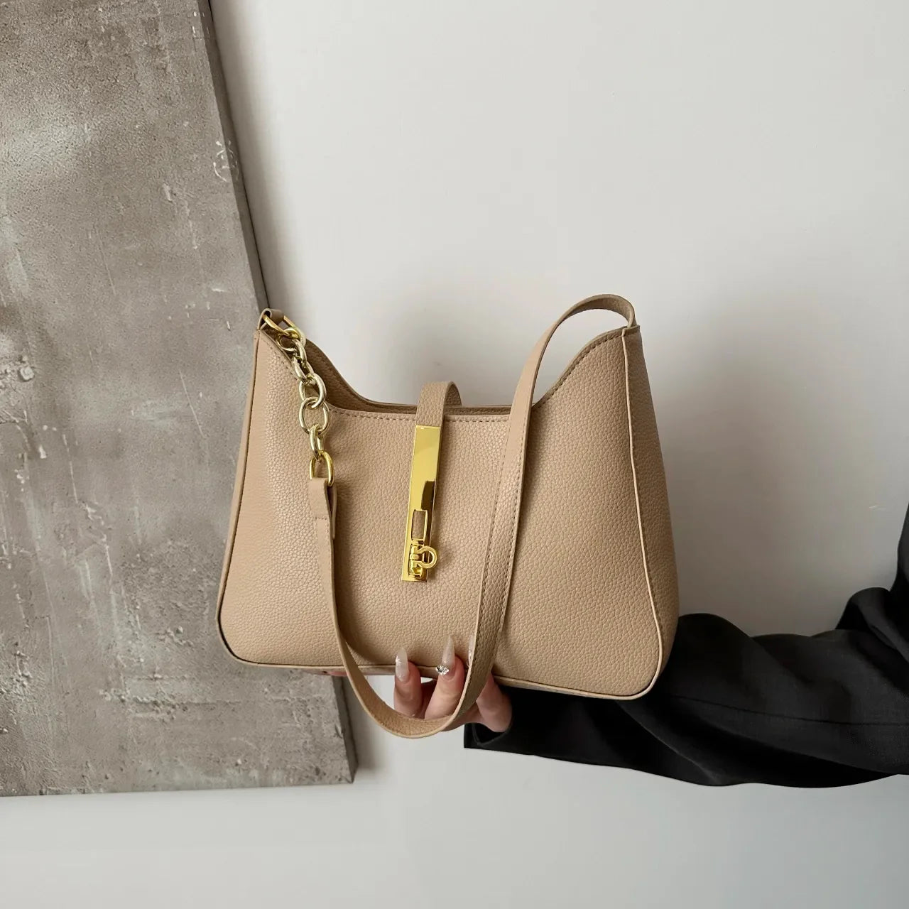 Leather Shoulder Bag with Gold Accent - Piña Colada