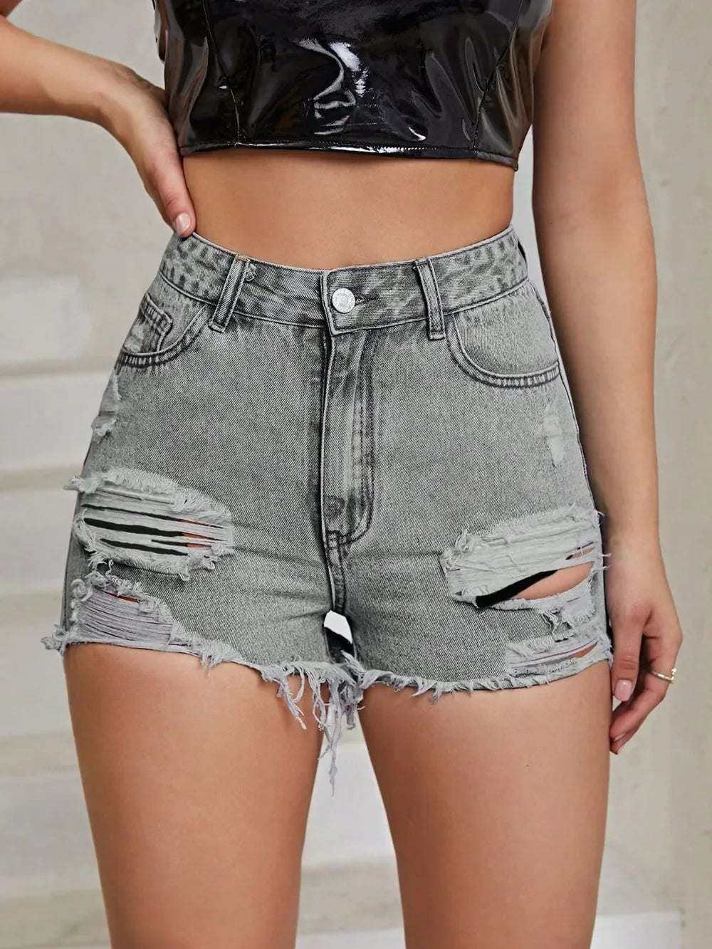 Distressed Raw Hem High Rise Denim Shorts - Piña Colada