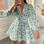 Vintage Floral V-Neck Mini Dress – Loose Fit A-Line Tunic with Long Sleeves - Piña Colada