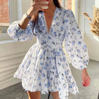 Vintage Floral V-Neck Mini Dress – Loose Fit A-Line Tunic with Long Sleeves - Piña Colada