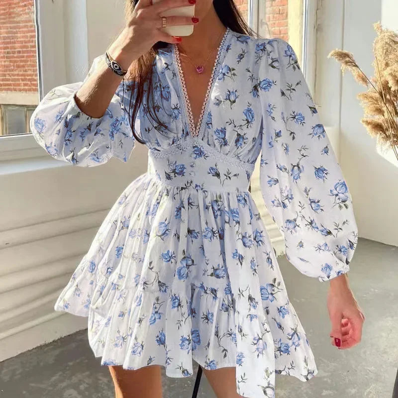Vintage Floral V-Neck Mini Dress – Loose Fit A-Line Tunic with Long Sleeves - Piña Colada