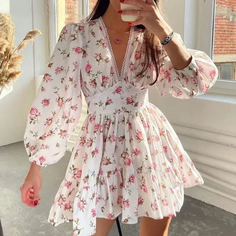 Vintage Floral V-Neck Mini Dress – Loose Fit A-Line Tunic with Long Sleeves - Piña Colada