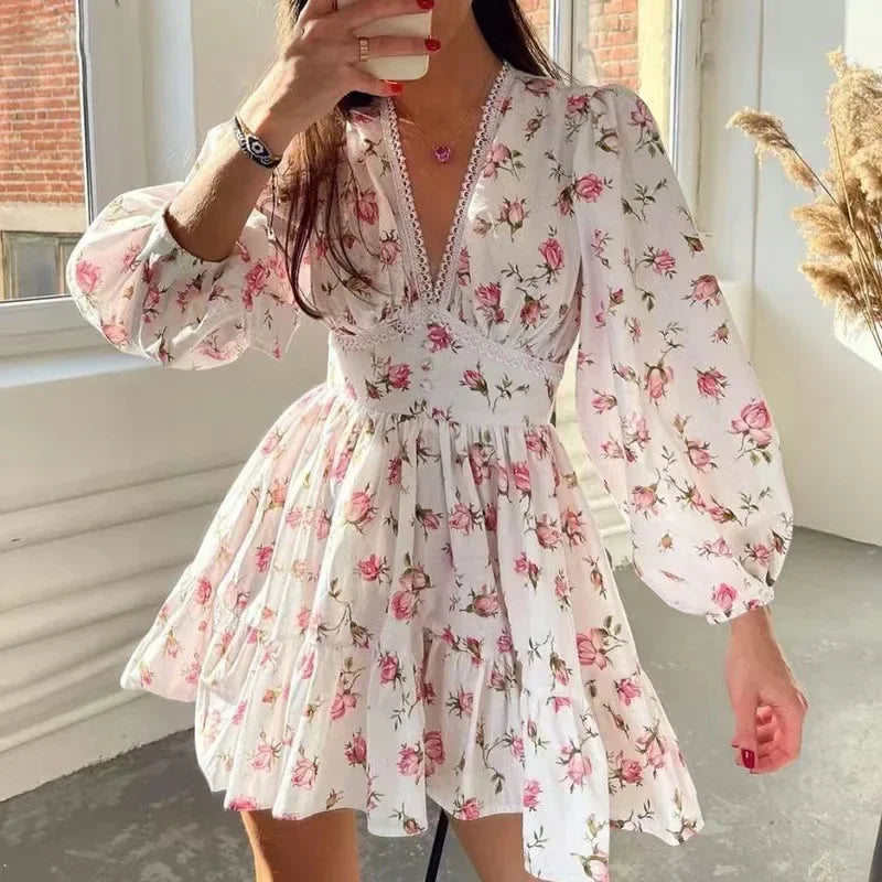 Vintage Floral V-Neck Mini Dress – Loose Fit A-Line Tunic with Long Sleeves - Piña Colada