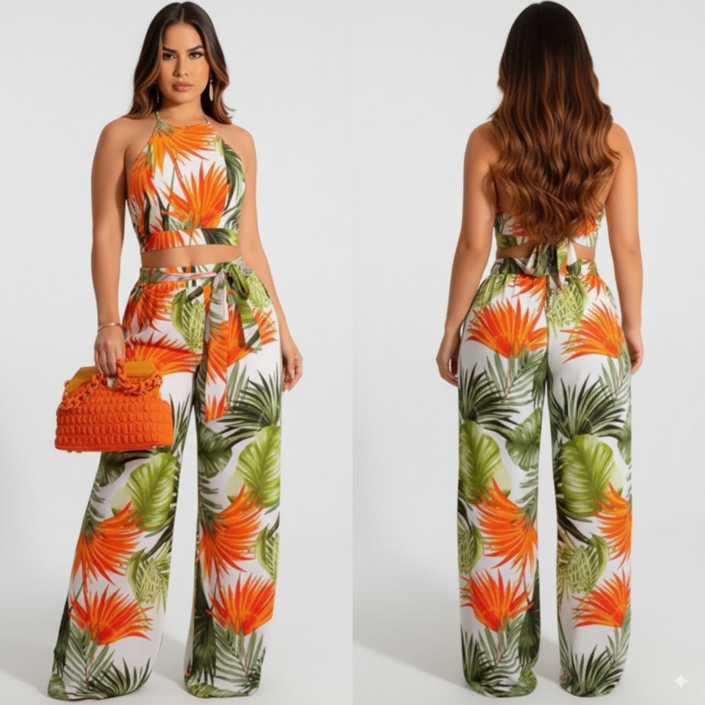Set Back Lace-up Crop Top and Wide Leg Pants