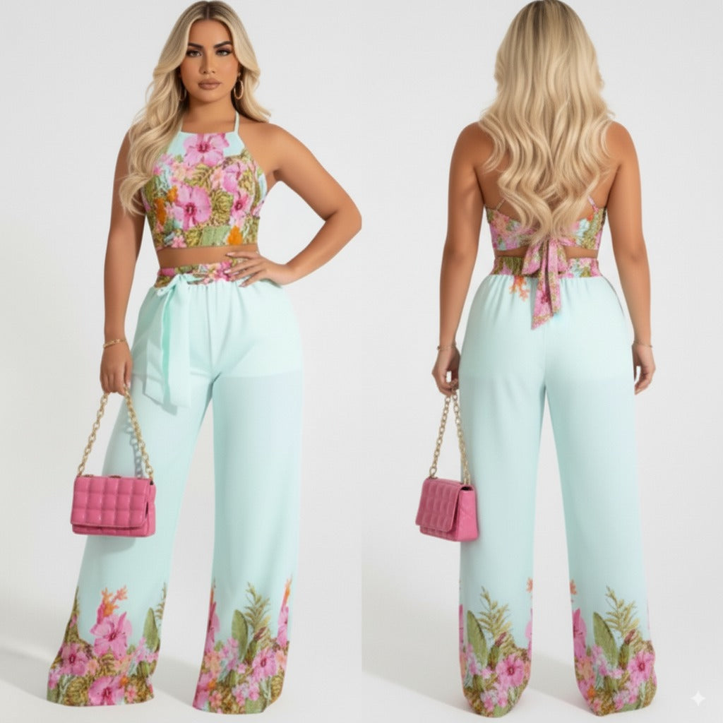 Set Back Lace-up Crop Top and Wide Leg Pants
