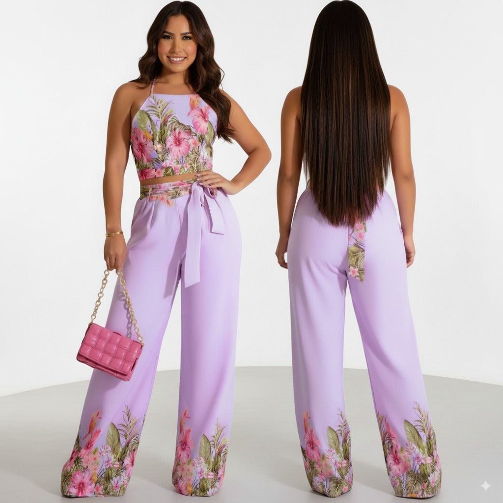 Set Back Lace-up Crop Top and Wide Leg Pants