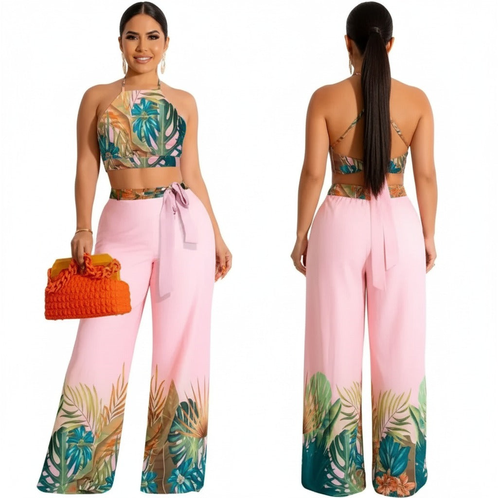 Set Back Lace-up Crop Top and Wide Leg Pants