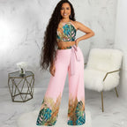 Set Back Lace-up Crop Top and Wide Leg Pants