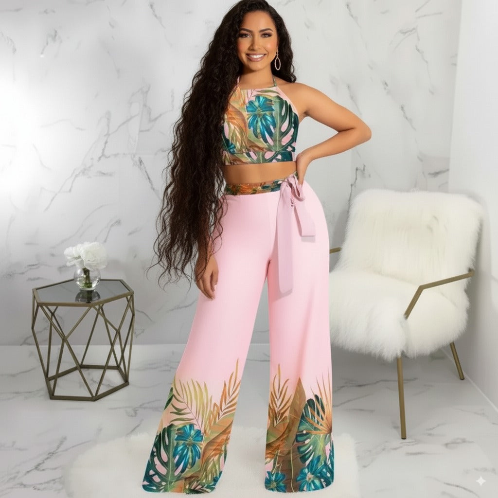 Set Back Lace-up Crop Top and Wide Leg Pants