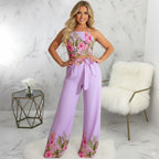 Set Back Lace-up Crop Top and Wide Leg Pants