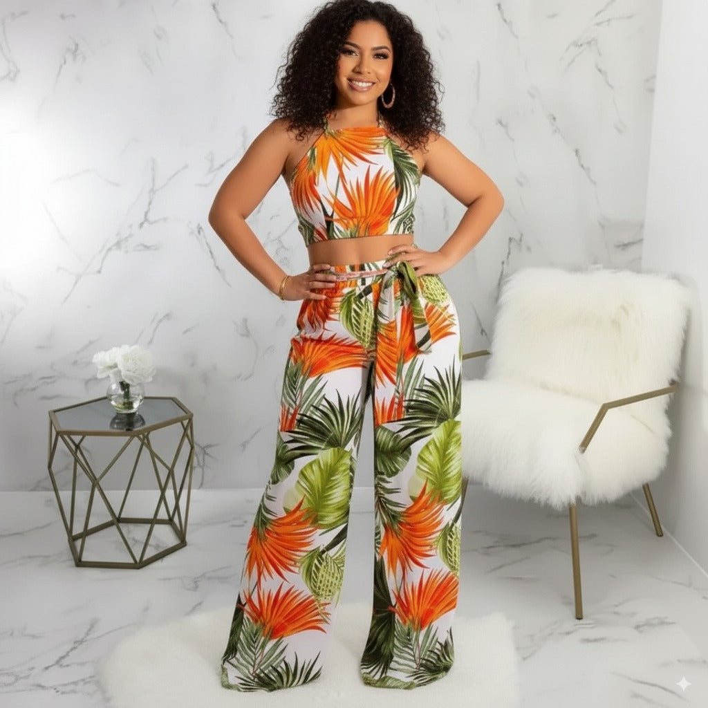 Set Back Lace-up Crop Top and Wide Leg Pants