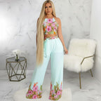 Set Back Lace-up Crop Top and Wide Leg Pants