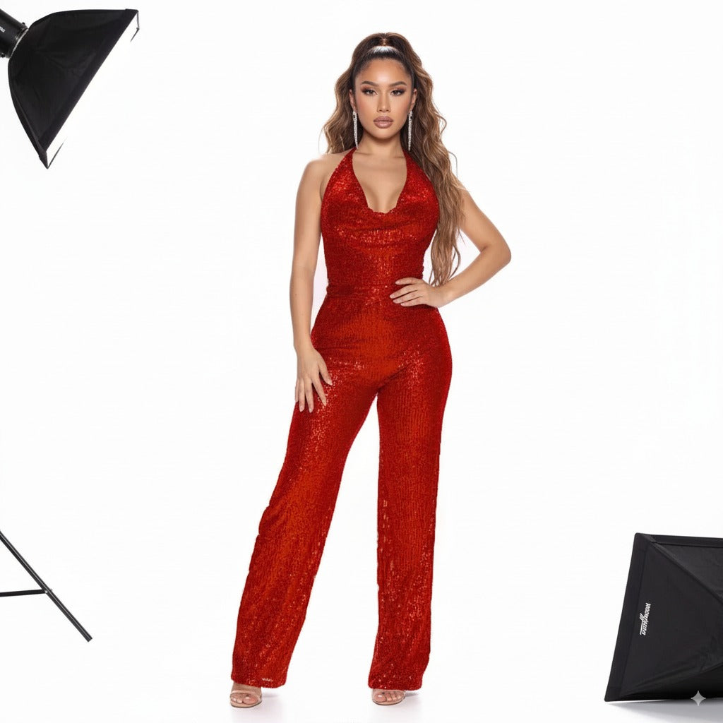 Jumpsuits Sequins Backless Halter