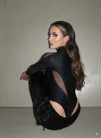 Women Bodysuit Long Sleeve See Through Skinny Mesh