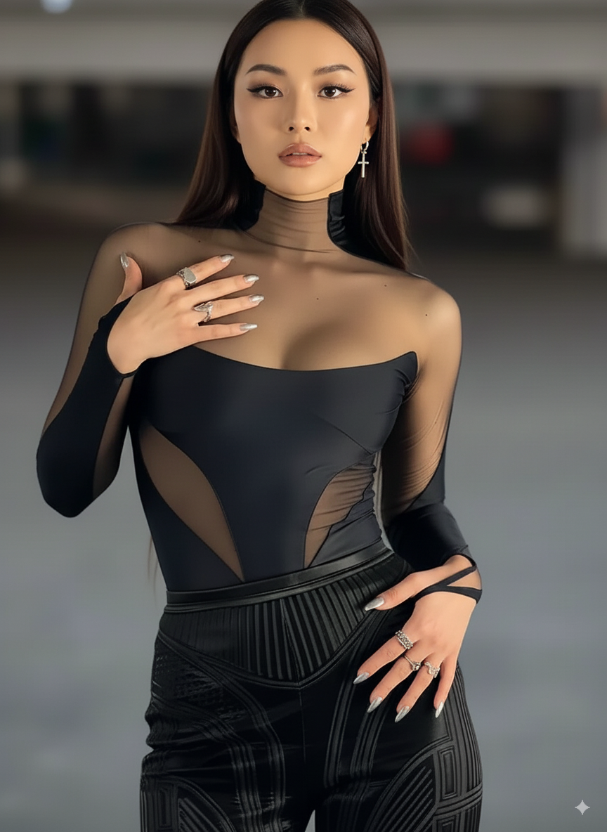 Women Bodysuit Long Sleeve See Through Skinny Mesh