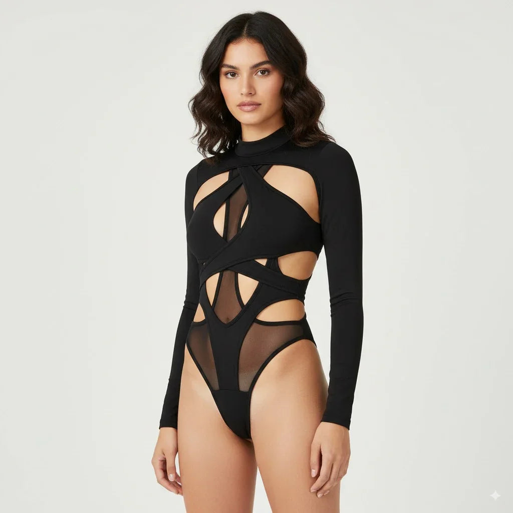 High Mesh Cutout Bodysuit – Sleek Skinny Fit