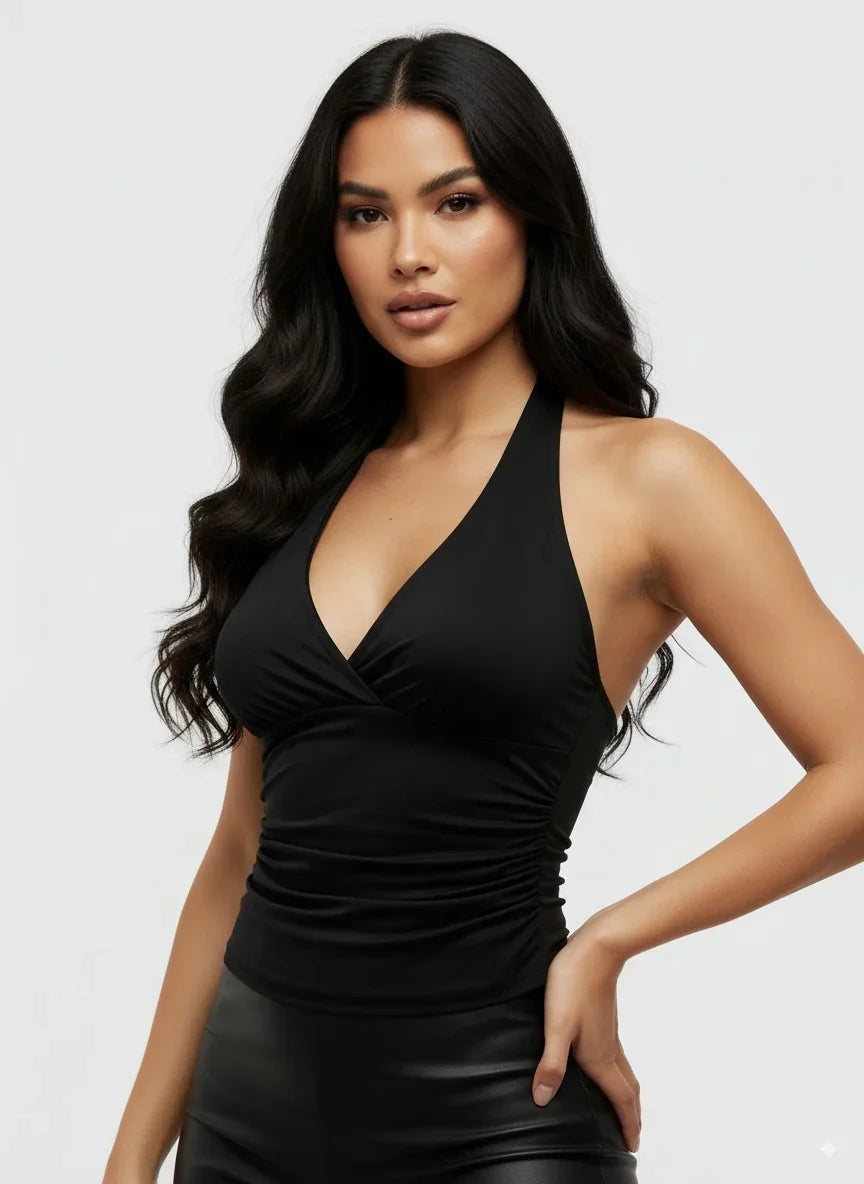 Leopard Printed V-neck Backless Halter Crop Top