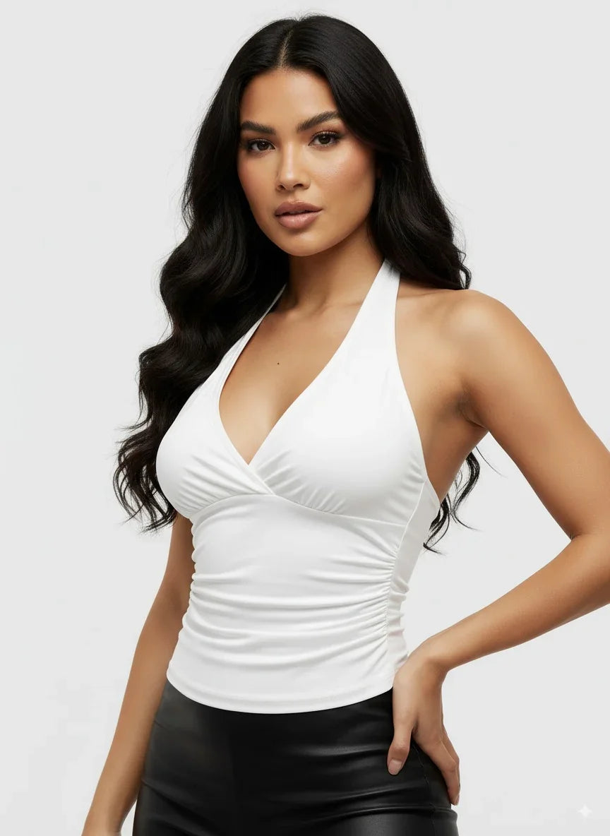 Leopard Printed V-neck Backless Halter Crop Top
