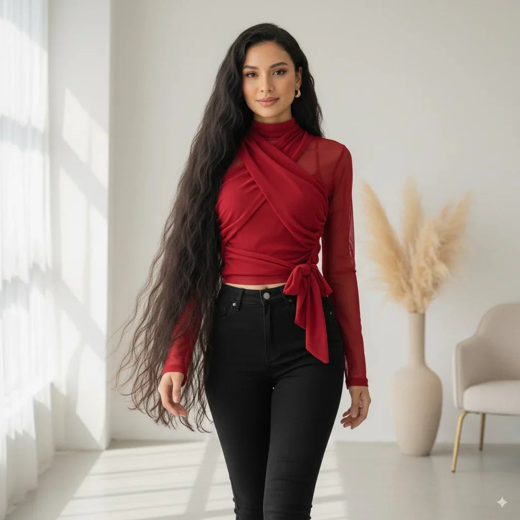 Turtleneck Slim Fit Tee with Bow Detail