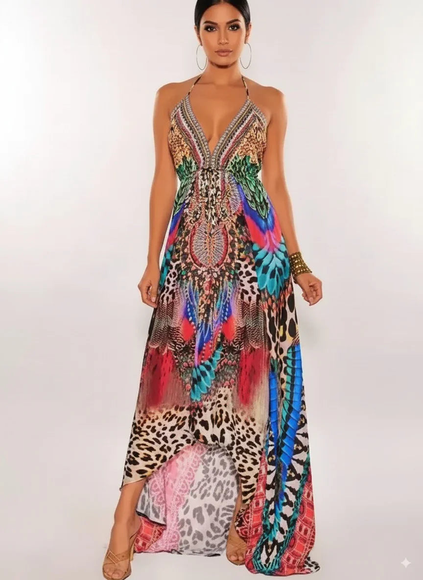 Boho Leopard Print Deep V Maxi Dress