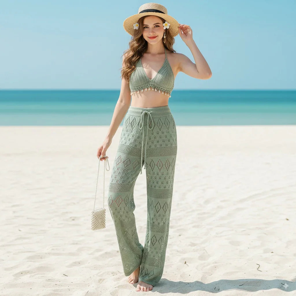 Backless Knit Crop & Wide-Leg Pants Set